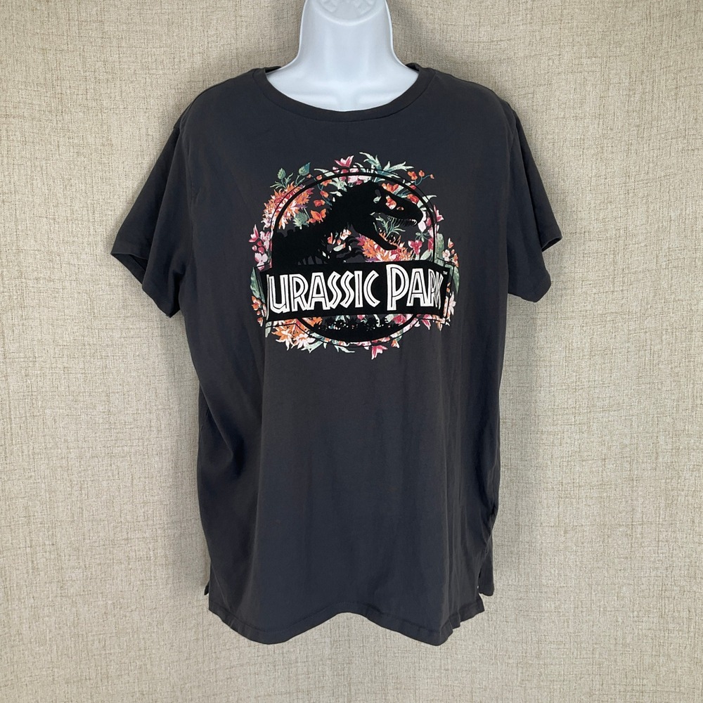 H&M Jurassic Park T-Shirt Womens Large Gray Cotton Floral Graphic Logo Tee B941